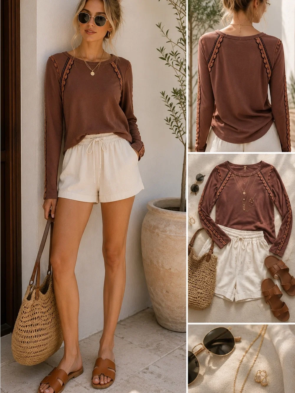 Free People Brown Embellished Long Sleeve Crewneck Top